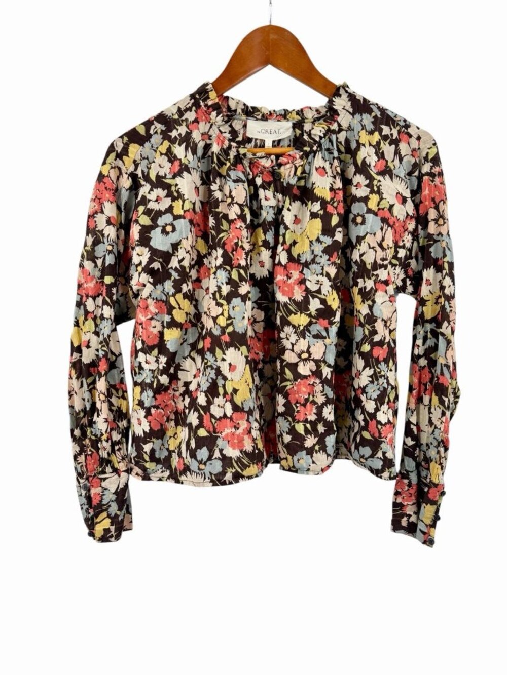 THE GREAT. Women's Brown Floral Button Front Ruffle Mock Neck Crop Blouse Small